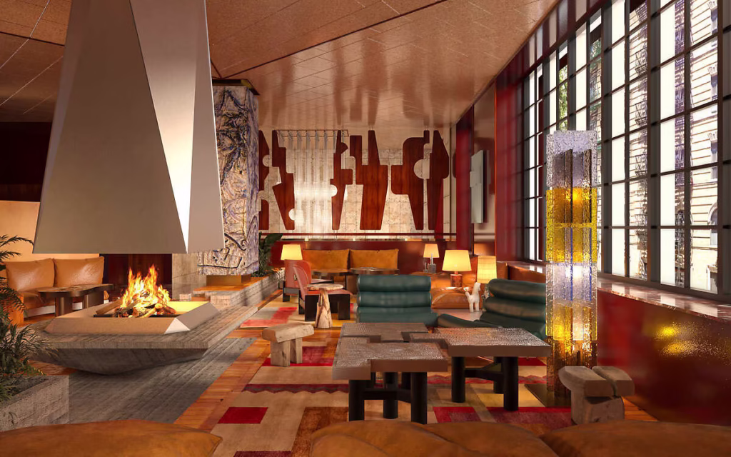 The Manner Hotel lounge with a sculptural fireplace, green and tan seating, colorful geometric rug, large grid windows, and glowing art glass.