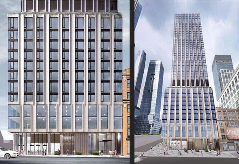 Two architectural renderings of the Morgans Hotel Group headquarters tower, showing close-up facade details and a full street-level view.