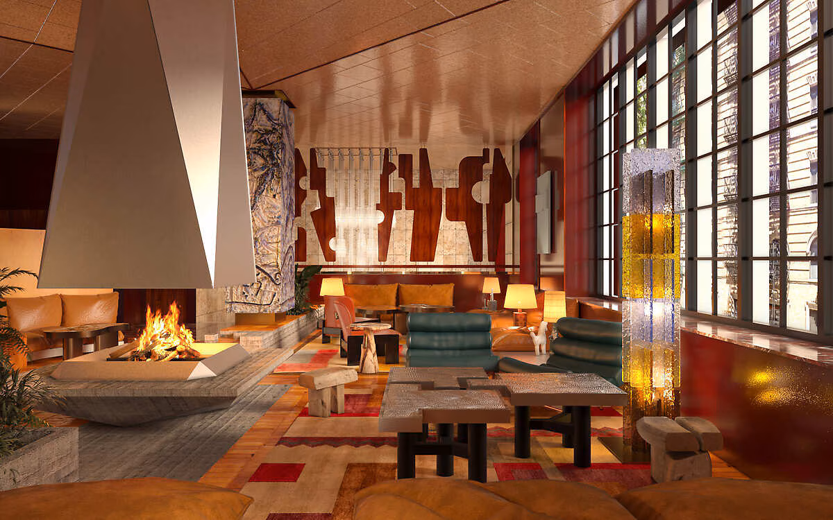 The Manner Hotel lounge with a sculptural fireplace, green and tan seating, colorful geometric rug, large grid windows, and glowing art glass.